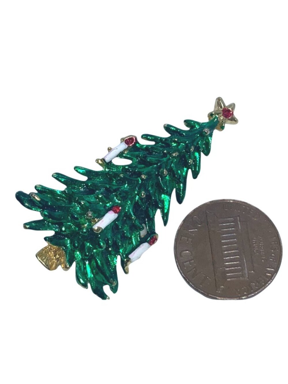 Green Enamel Gold Tone Candles Christmas Tree with Candles Pin Brooch Vintage - Picture 5 of 7
